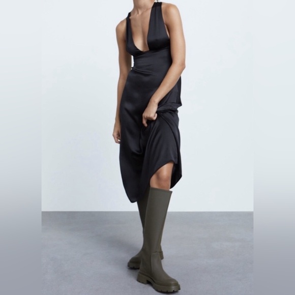 Zara Lug Sole Chunky Rubberized Platform Combat Rain Tall Boot Khaki Green 6 New - Picture 7 of 15